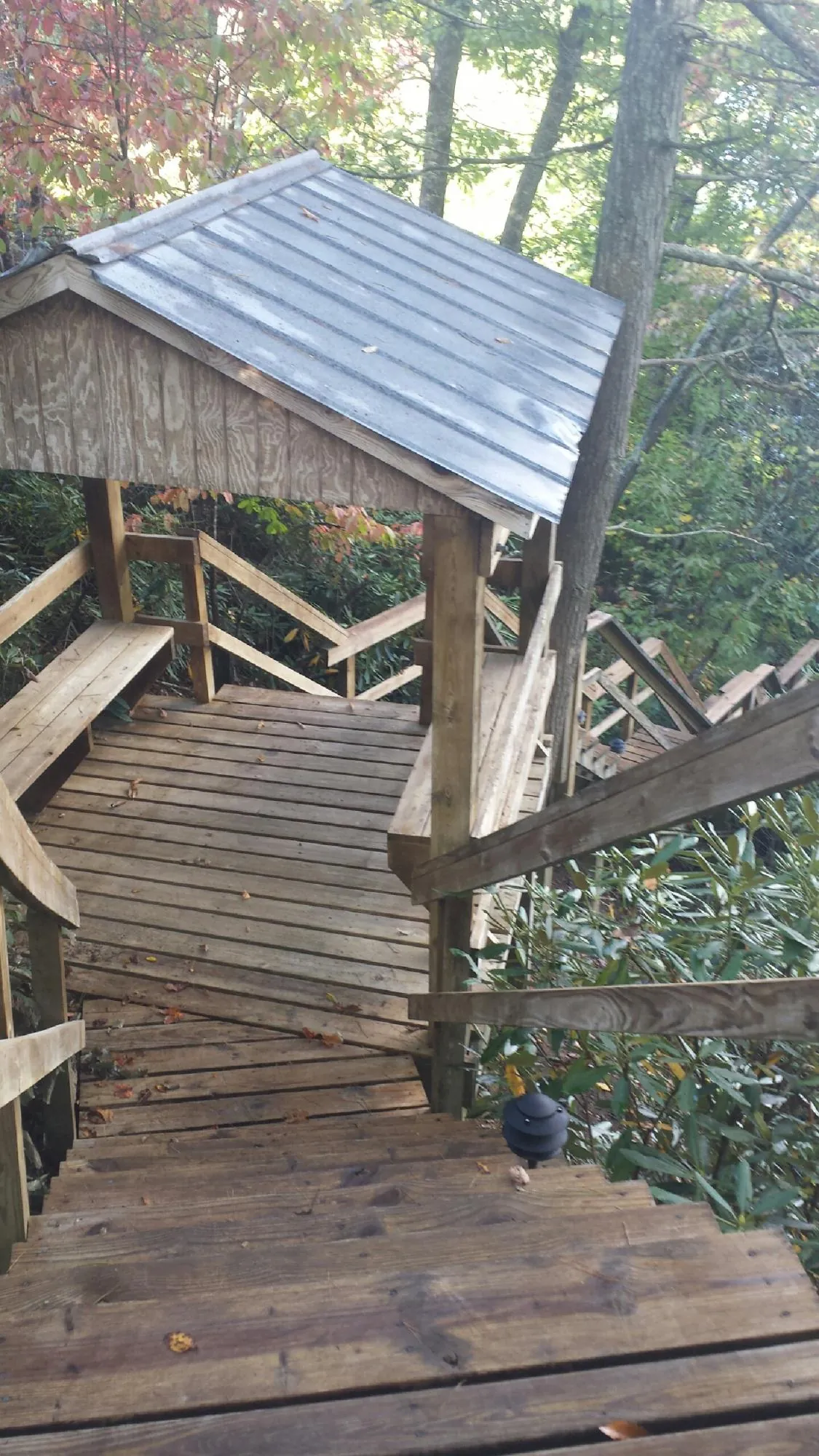 Metal roofed shelter over wooden steps on a wooded walkway — Skylight Repair & Installation work by our crew in Queen